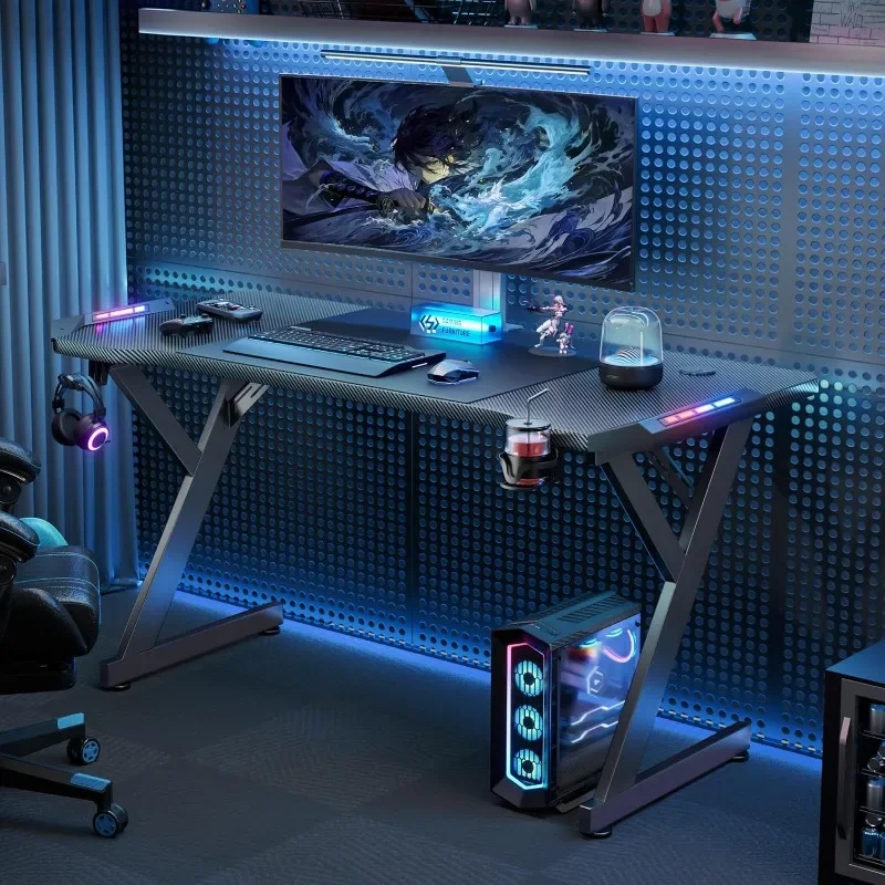 40 INCH Gaming Desk with LED Lights, Ergonomic Computer Table with Large Carbon Fiber Desktop, Black