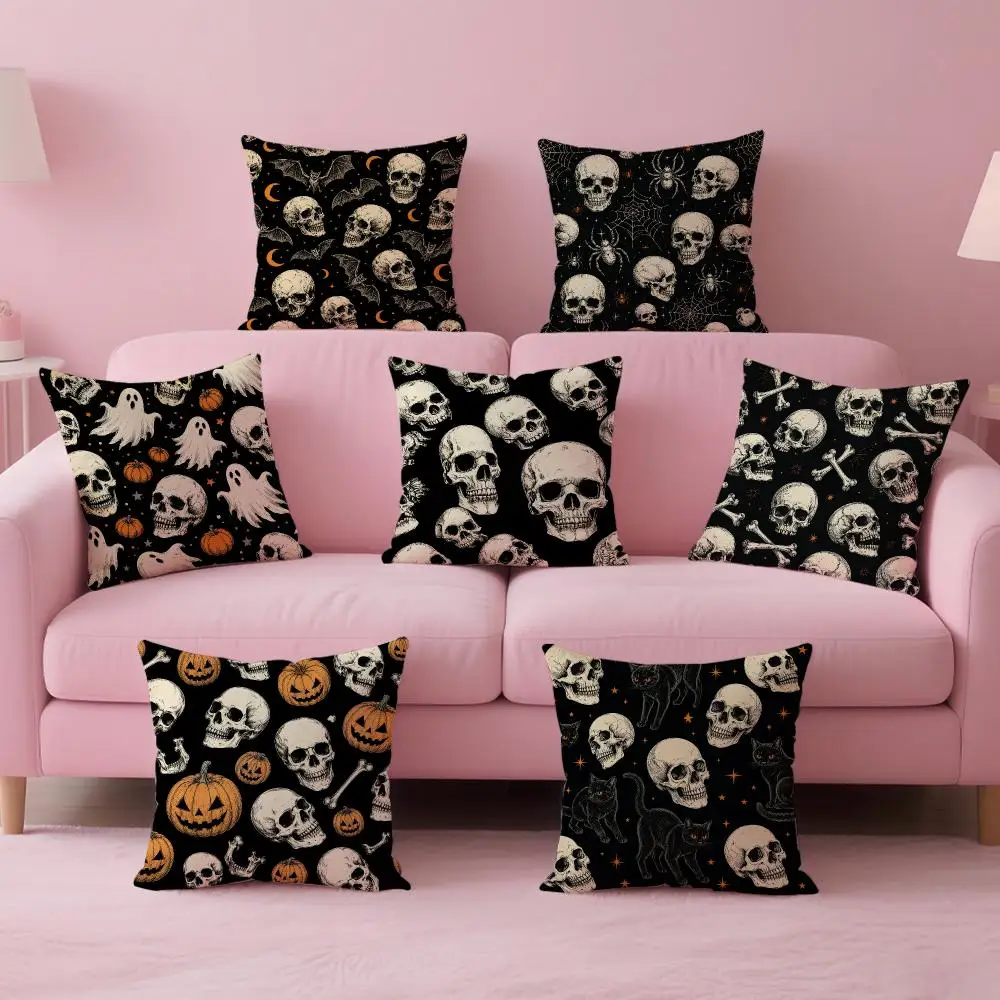Dark Skull Halloween Seamless Cushion Cover Comfortable Double Sided Pillow Cover For Car Sofa Bedroom & More