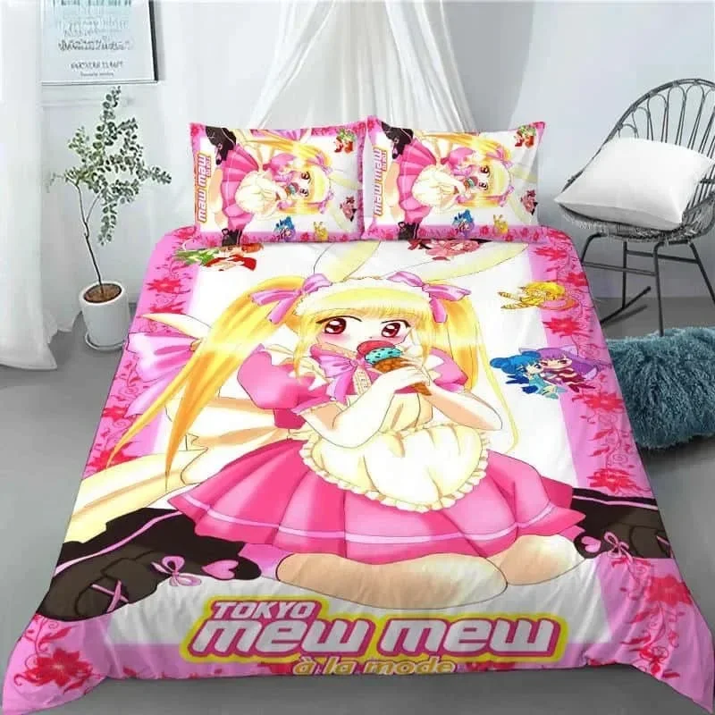 

New 3D Anime Kawaii Girls Tokyo.Mew.Mew Bedding Set Printed With Pillowcase Bed Duvet Cover Soft Queen King Size Bedclothes Home