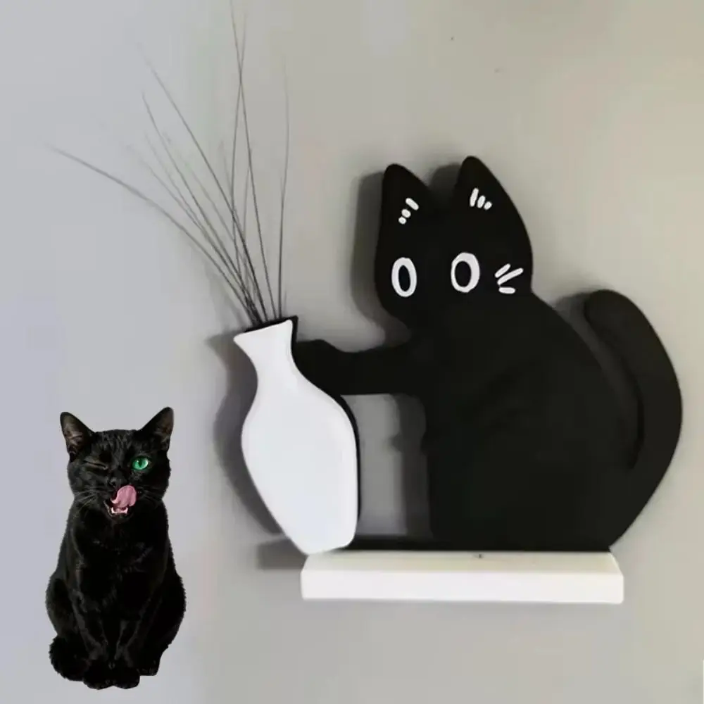Creative Cat Refrigerator Magnet Black Cat Pushing Acrylic Cat Hair Collector Novelty Magnetic Base Fridge Magnet Vase Decor