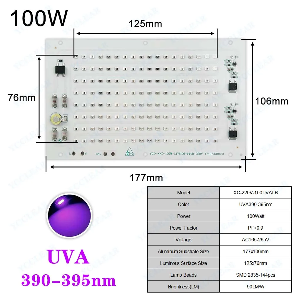 Imagem -03 - Placa de Fonte de Luz Led de Alta Potência 50w 100w Uva 395nm ac 220v Smd 2835 Cob Lâmpada de Cura Contas de Lâmpada uv