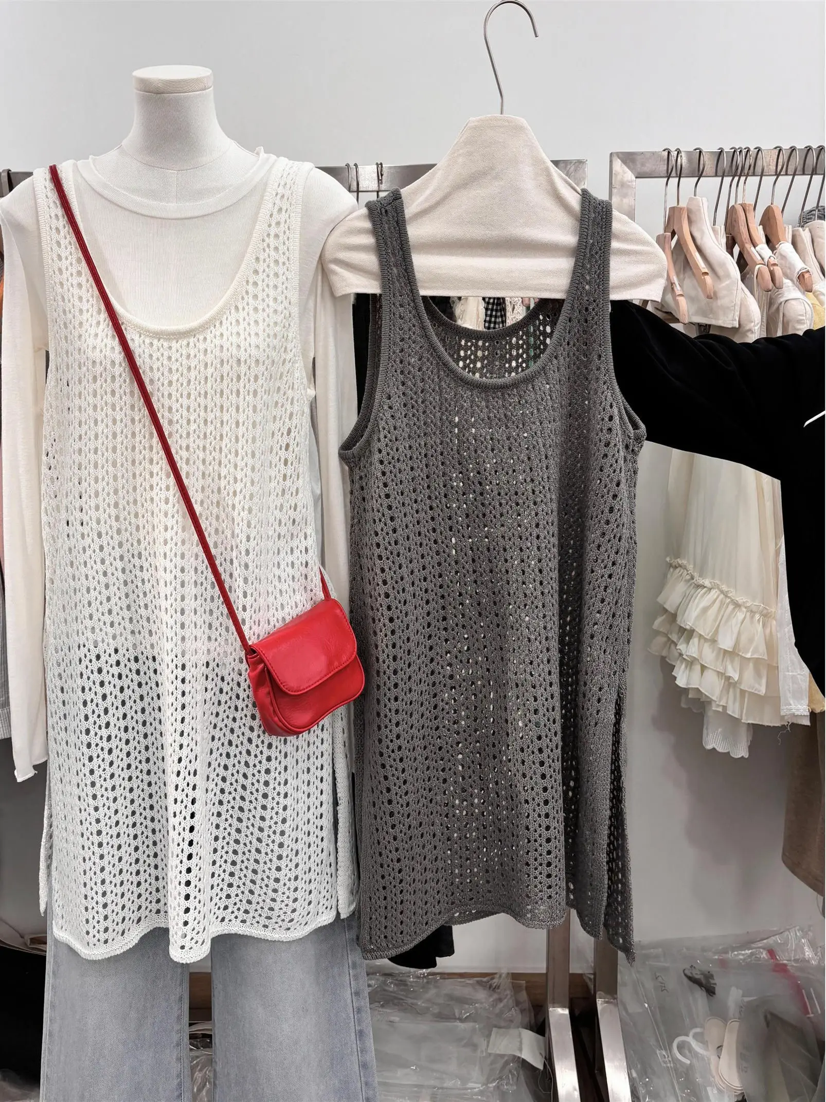 

Spring Summer 2026 Lazy Hollow out Mesh Vest over Dress mid Length Sleeveless Knitted Sweater Sweet Style Color Casual ...