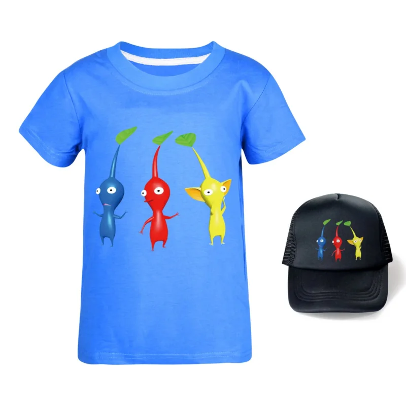 Hot Sale P-Pikmin Cartoon Kids T-Shirts Girls Clothes Baby Boys T Shirt Summer Short Sleeve Children Tops Can Add Cap