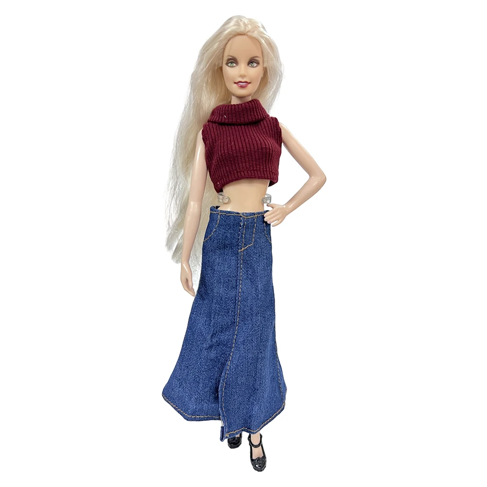 NK 1 Set 30CM Princess Brown Sweater Seeveless Clothes Denim Long Skirt 11.5 inch Doll Clothes For 1/6 Doll Accessories Gift Toy