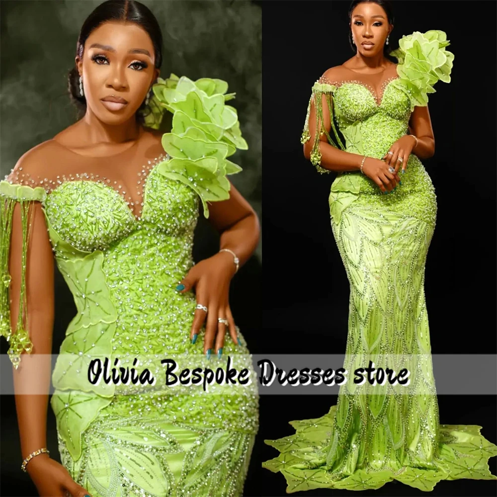 Picturesque Green Beading Tassels Evening Dresses African Mermaid Birthday Party Gowns Ruched Shoulder Special Events Dress