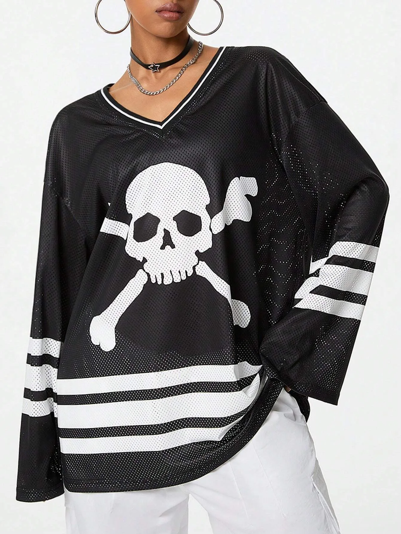 Biikpiik Contrastkleur Digitaal bedrukt T-shirt Mode Streep V-hals T-shirt met halve mouwen Straatkleding Casual losse top