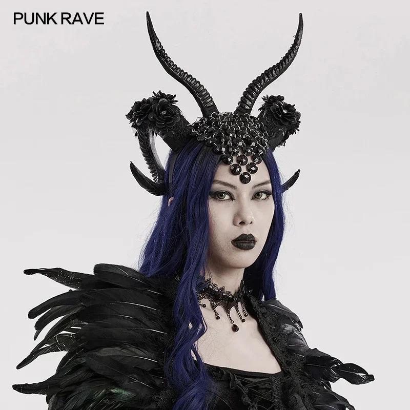 PUNK RAVE Women's Gothic Demon Horn Headwear Cosplay Luxury Glitter Flower Decoration Party Club Halloween Accessories