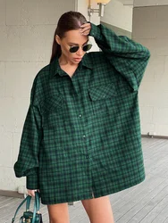 2022 Autumn Winter Women Casual Oversized Plaid Shirt Long Sleeve Ladies Tops Loose Fit Long Blouse For Woman