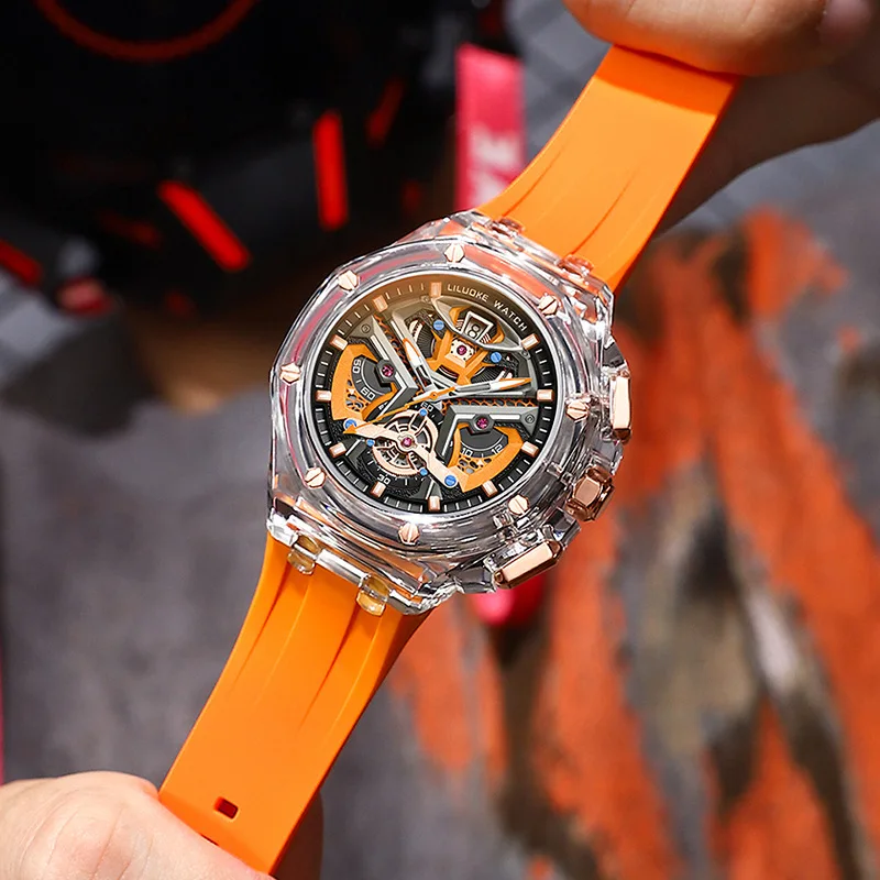 Transparent Case Quartz Watch Men Luxury Brand Fashion Sports Waterproof Wristwatch