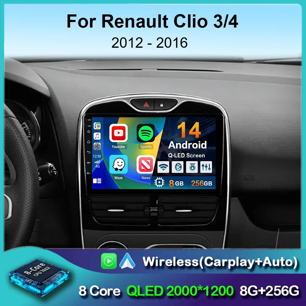 

Автомагнитола Carplay для Renault Clio 3 4 2012-2015 2016 2017 2018, Android 14, мультимедийный видеоплеер, стерео аудио DSP 2Din BT