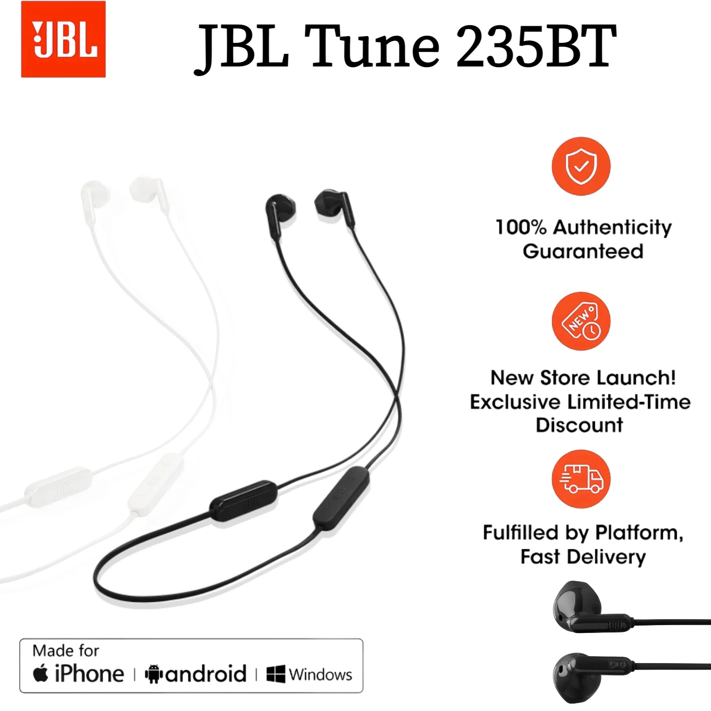 JBL TUNE 235BT Neckband Bluetooth Headphones, Wireless Sports Earbuds with JBL Pure Bass Sound, IPX4 Sweatproof, 25H Playtime