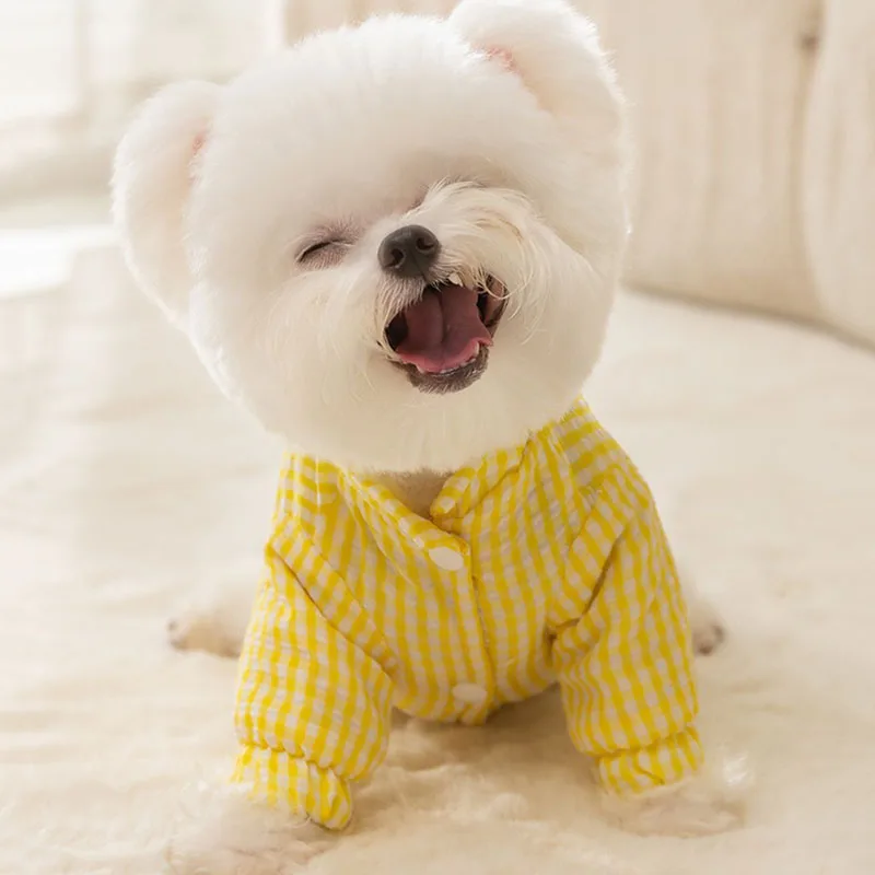 Yellow Plaid Teddy Cotton Coat Pet Winter Clothes Puppy Two Legged Cotton Coat Poodle Warm Thickened Solid Color Clothes