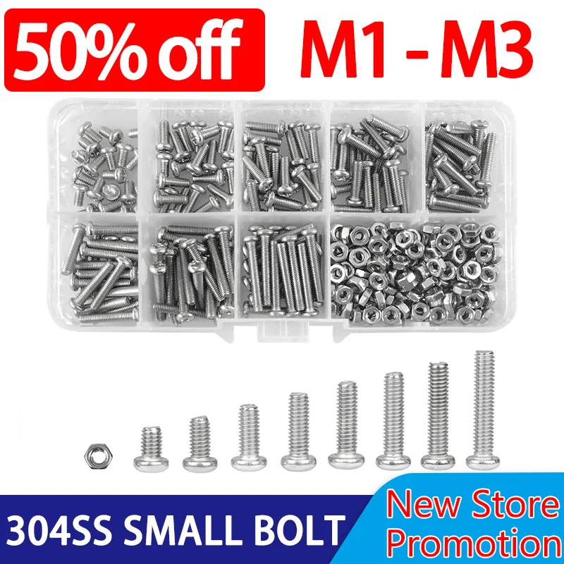 M1 M1.2 M1.4 M1.6 M2.5 M3 Small Machine Screw 304 Stainless Steel Phillips Round Head Cross Metric Bolt Box Set Assortment Kit