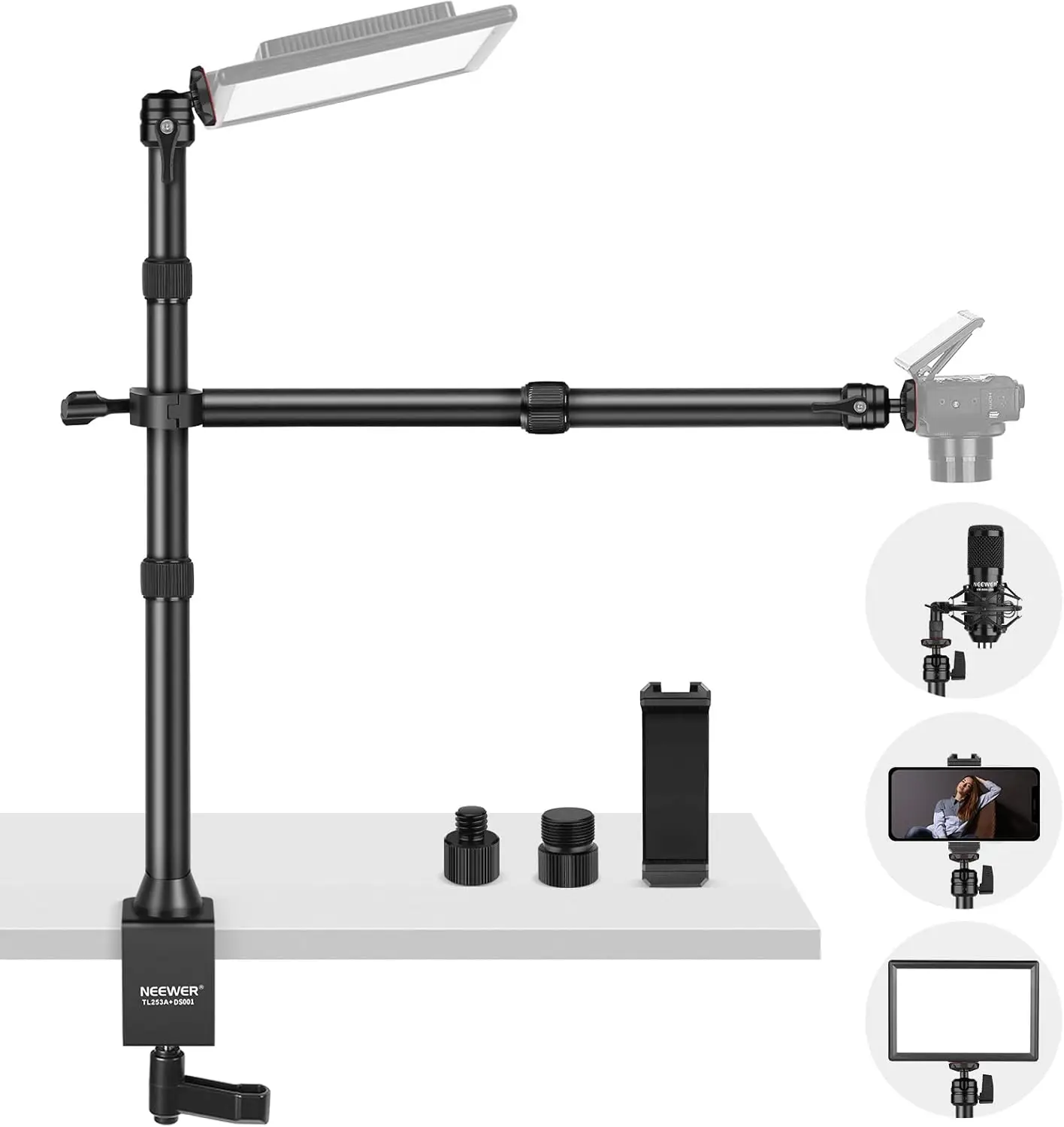 

TL253A+DS001 Table Camera Tripod with 2 Telescopic Arms, Phone Holder, Ball Heads, Screw Adapter, Table Light Stand for