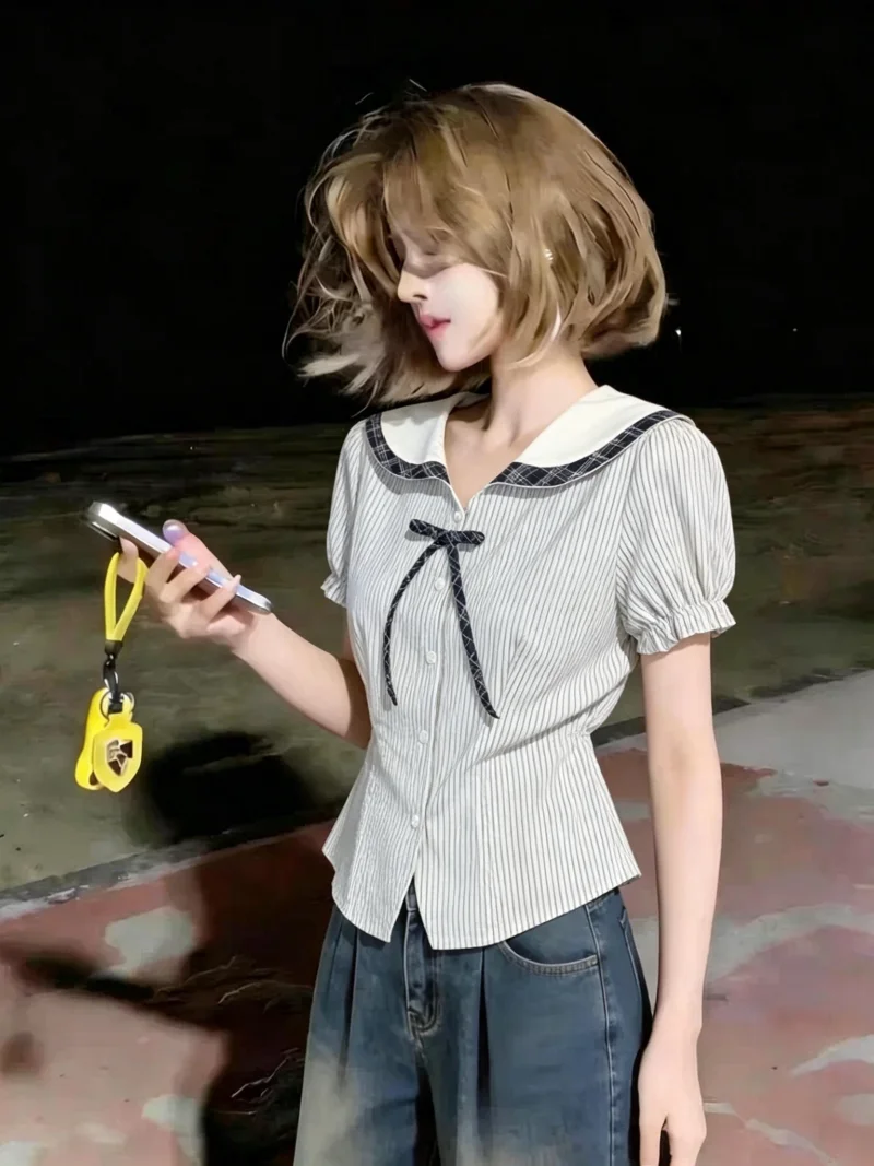 

Korean Style Short Sleeve Shirt Women's Summer New College Style Knot Shirt Self-Keeping Navy Collar Striped Blouse
