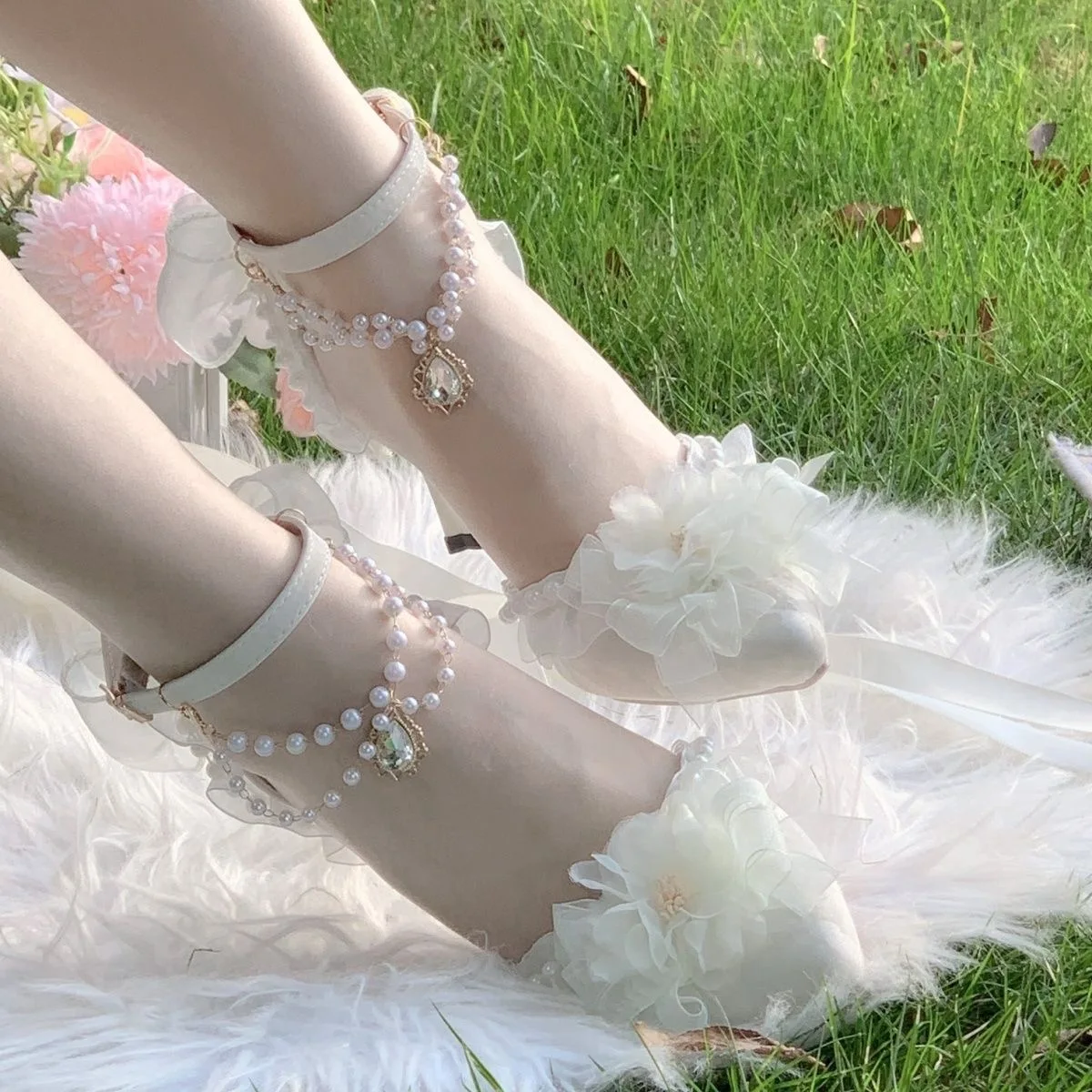 Women Heels Elegant Woman Heeled Shoes Lolita Heels Y2K Accessories Wedding Shoes Pearl Bridal Shoes White Lolita Shoes