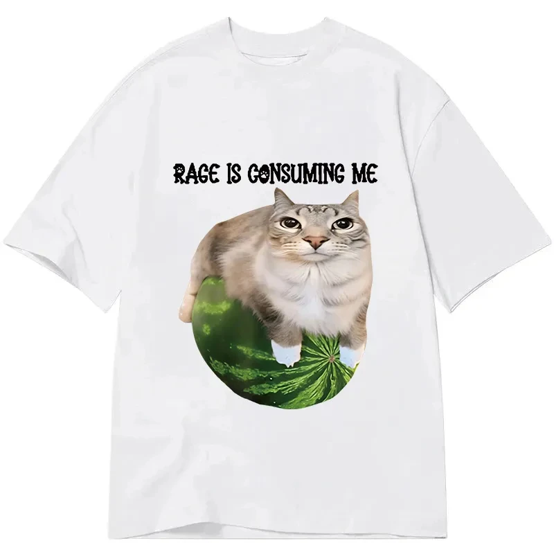 Cat on Watermelon Meme T-Shirt Men Women Funny Angry Cat Graphic Print Oversized Casual Streetwear Short Sleeve Tee Tops