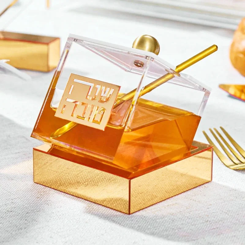 Judaica Acrylic Honey Dish Jar with Honey Dipper Shana Tova Hebrew Table Decor Honey Container with Base for Rosh Hashanah Gift