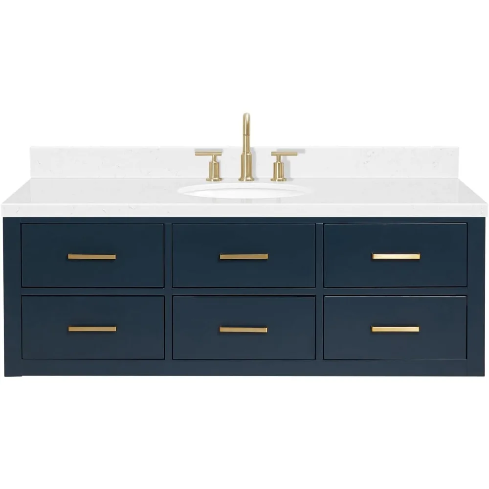 54 inch bathroom vanity, single oval sink floating wall, with Karala white quartz countertop edge, midnight blue