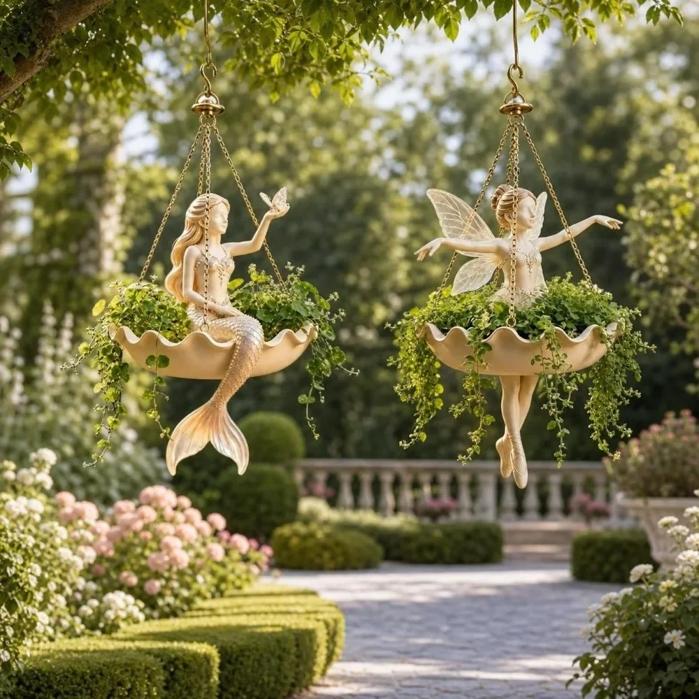 Resin Ballet Dancer Hanging Planter Elegant Vintage Fairy Flower Pot Creative UV Resistant Mermaid Plant Holder Cafe Decorations