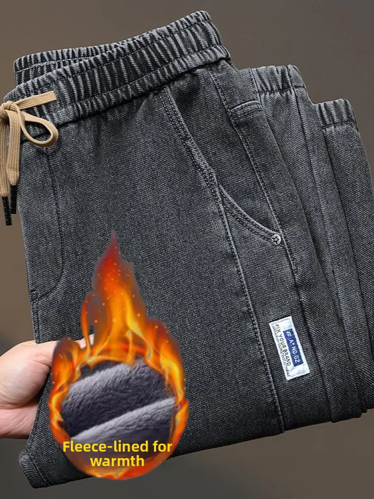 

American Sle Men's Fce Lined Thiened Casual Jeans Elastic Waist Cargo Pants Workwear Torn Resistant Autumn Winter