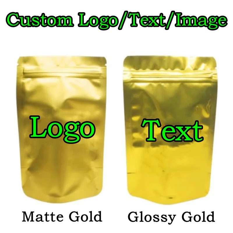100 Bolsas de Aluminio Doradas Mate/Brillantes con Cierre Ziplock, para Almacenamiento de Snacks, Dulces, Café, Matcha, Galletas, Té, con Logotipo Personalizado