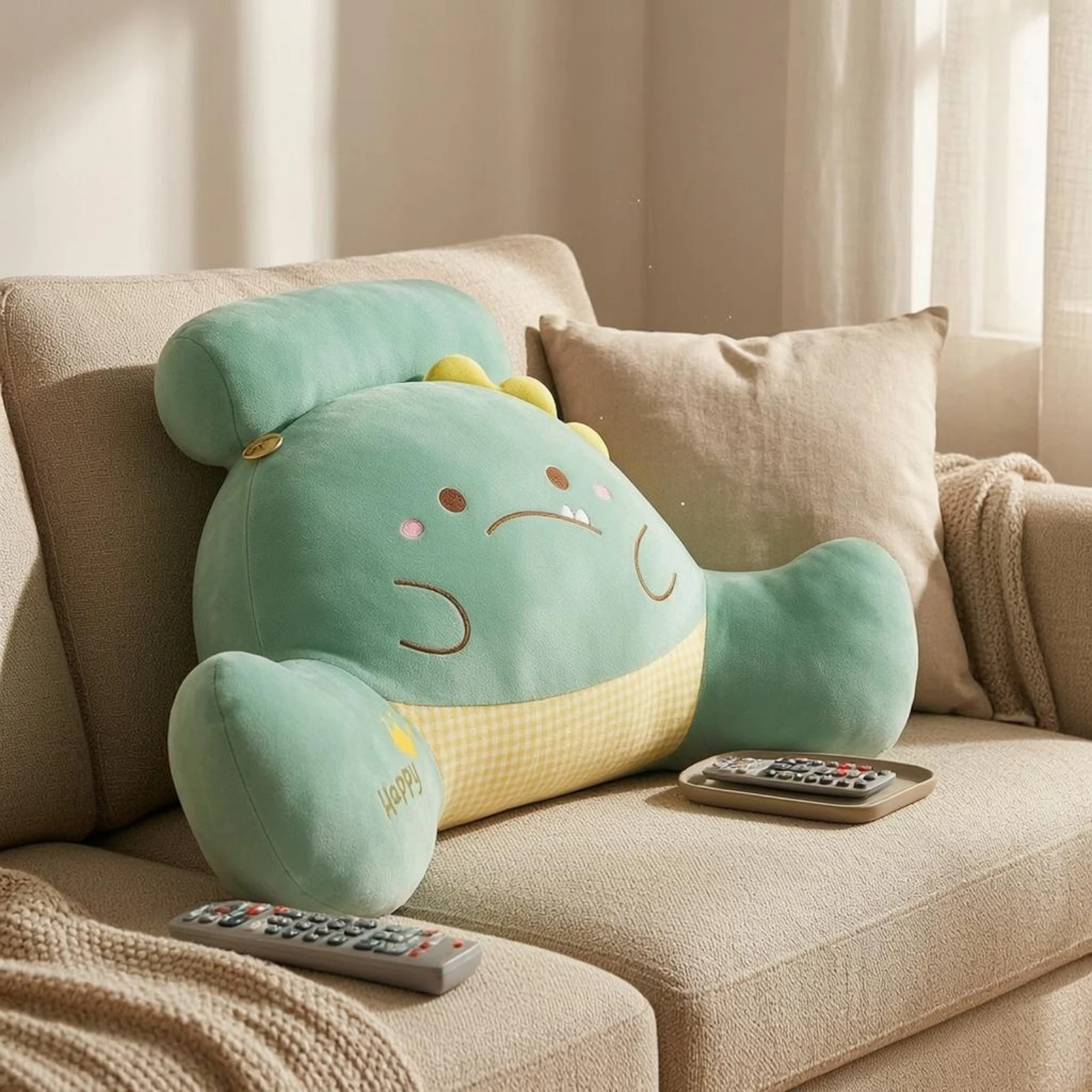 

Cartoon Reading Pillow Removable Liner Soft Fabric Backrest Cushion Bed Rest Pillow Embroidered Face Checkered Textile for Sofa