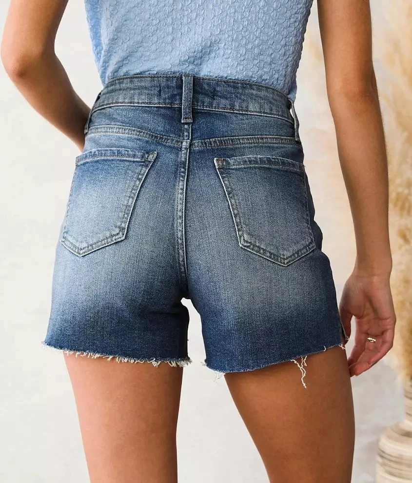 กางเกงยีนส์ขาสั้นเอวสูงสไตล์ลำลองสำหรับผู้หญิง ขอบรุ่ย ขาดเซอร์ๆ