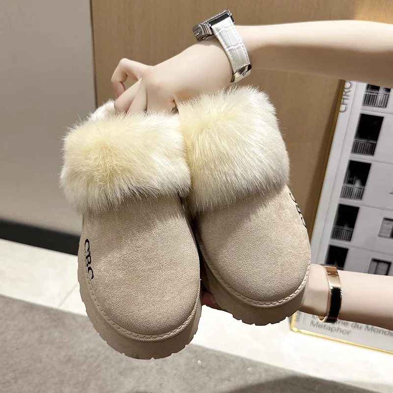 Pantoufles d'hiver en fausse fourrure pour femmes, chaussures à plateforme à enfiler en peluche, toboggans féminins, semelle optique, pantoufles en coton pour la maison, designer de luxe