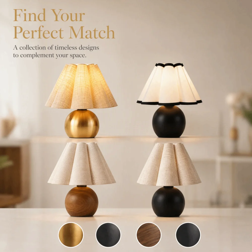 Rechargeable Bedside Lamp Brass Gold Linen Petal Shade Night Light Walnut Wood Grain Pleated Shade Table Lamp Indoor Use