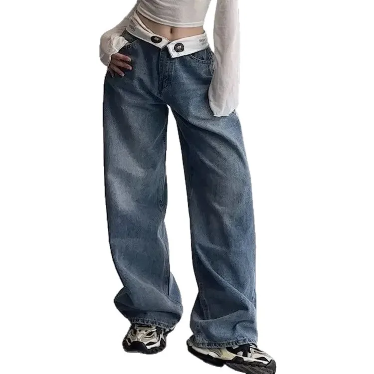 Vintage Jeans Design Sense Waist Cuff Loose Wide-leg Trousers Simple Casual Straight-leg Pants Ins