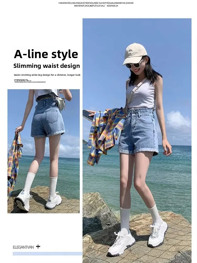 High Waist Denim Shorts Women's Summer New Style Loose Thin Student Pants A-Line Hot Shorts Cotton Polyester Blend Cool Feeling