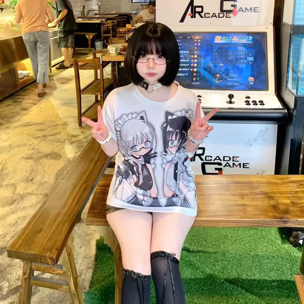 

White T-Shirt Subculture Y2K Anime Printed Harajuku Short Sleeved Top for Summer 2025, Loose and Casual Japanese Women's T-Shirt