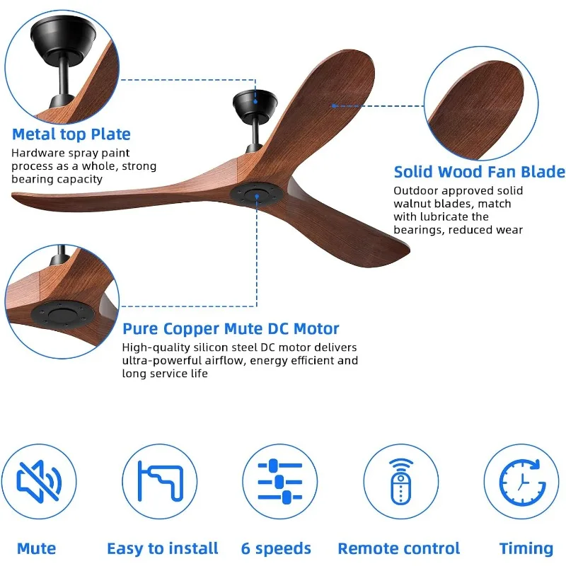 Obabala Ceiling Fans without Lights,42 inch Ceiling Fan with Remote Control Outdoor/Indoor Ceiling Fan 6-Speed Noiseless