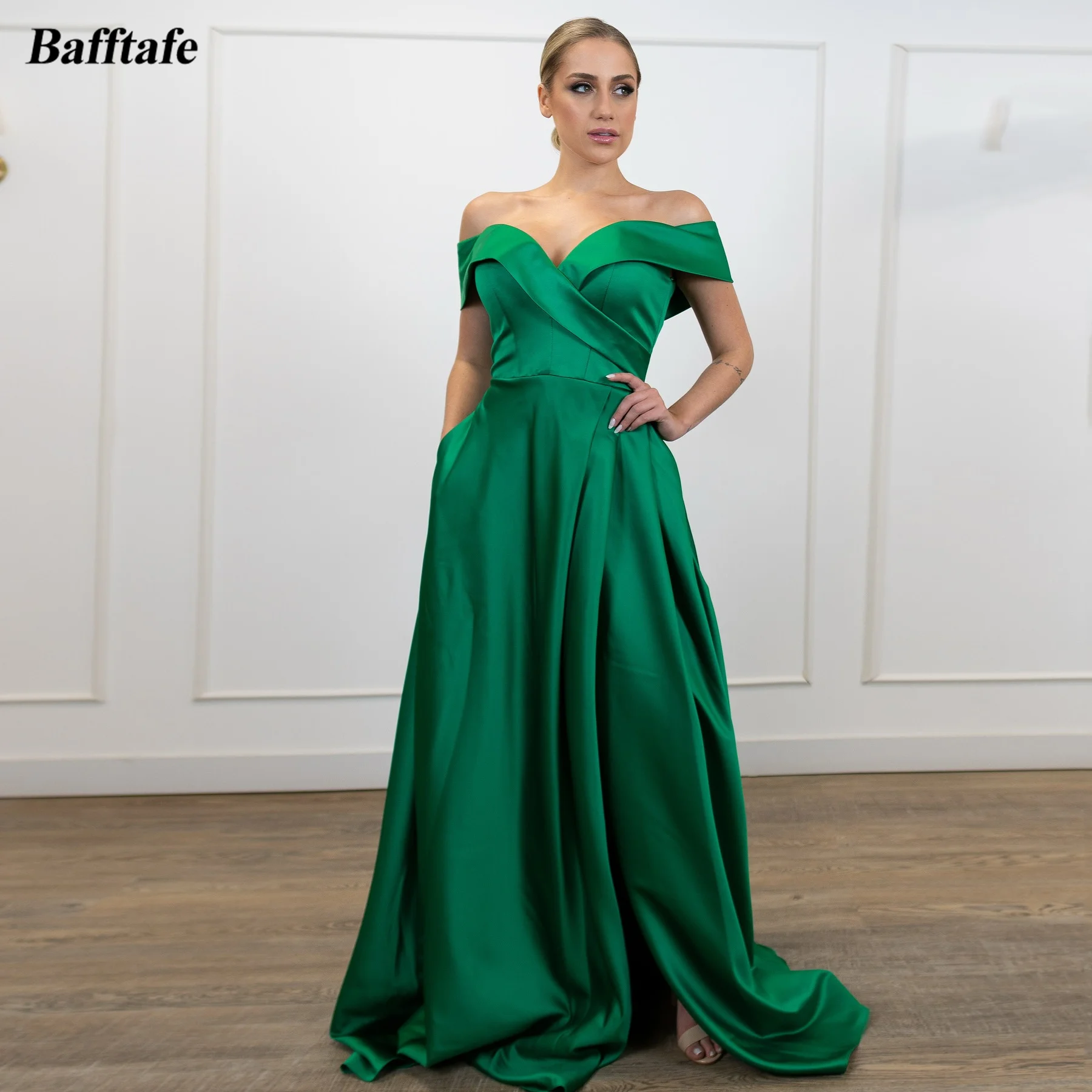 

Bafftafe Green Satin Sweetheart Evening Dresses Off Shoulder Wedding Photos Shoot Customized Slit Princess Prom Party Gowns 2025