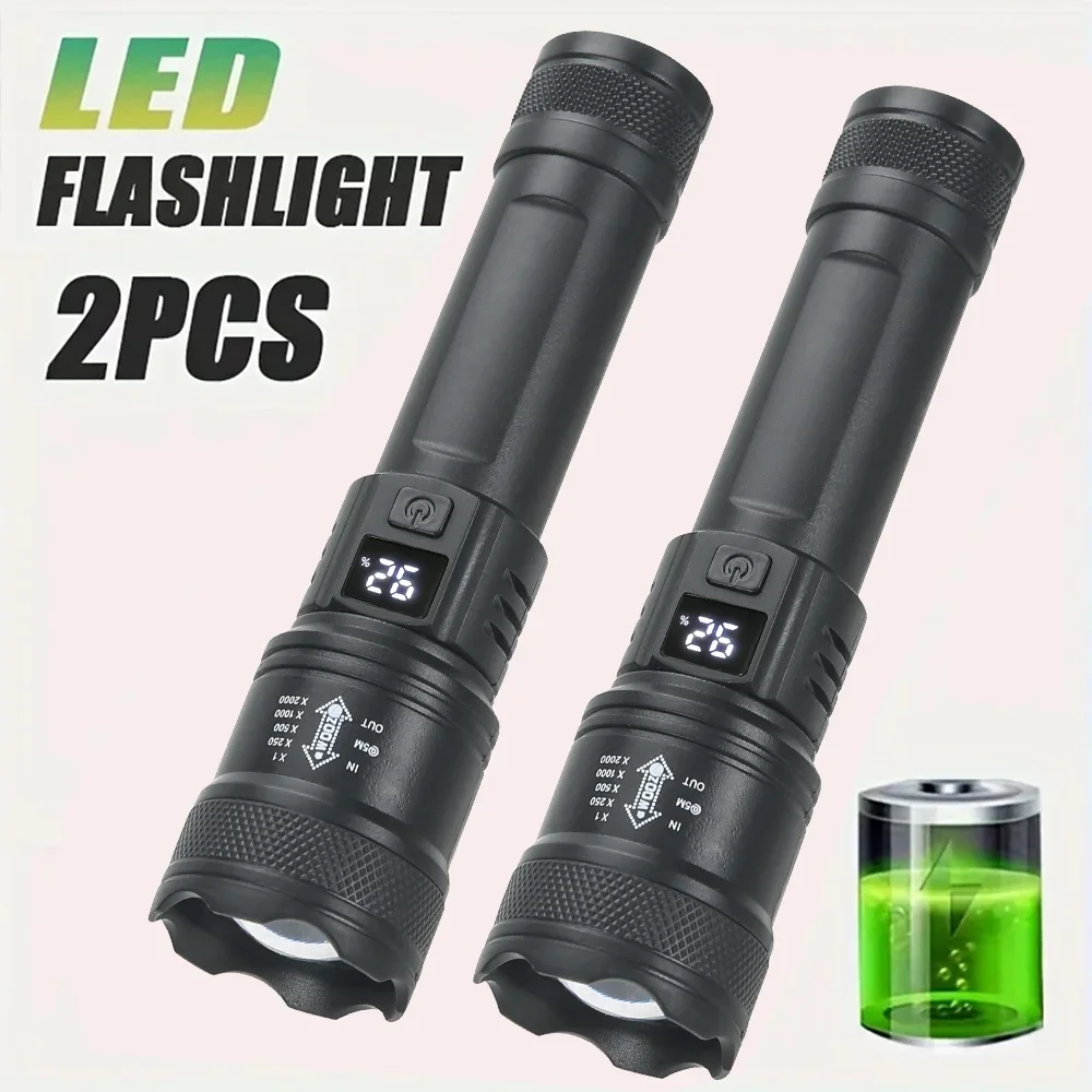 KDULIT LED Flashlight USB Rechargeable Torch with Display Zoomable Light with Battery Camping Hiking Lantern Emergency Lamp
