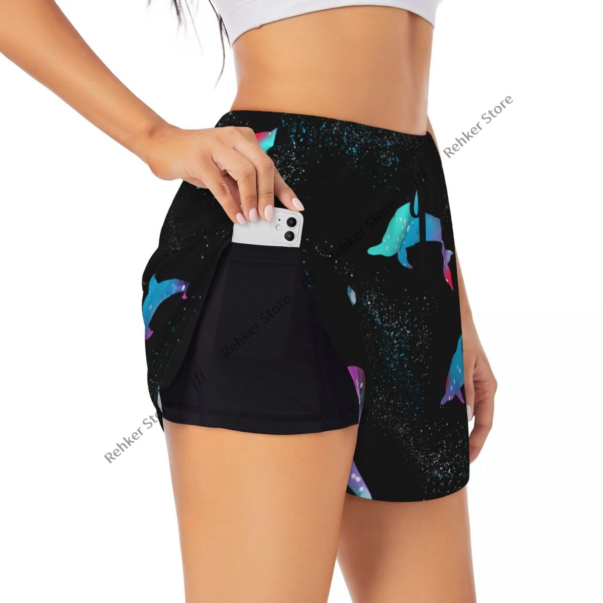 イルカのシルエットの女性の二重層速乾性アスレチックショーツ、アウトドアレジャーランニングフィットネスワークアウトスポーツ用
