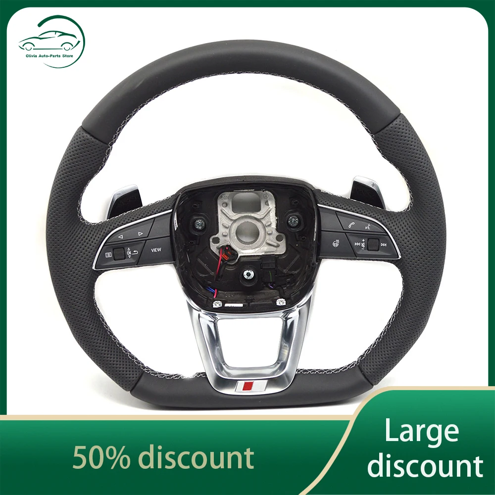 Black semi perforated flat bottomed steering wheel with paddles and buttons For Audi Q5 FY Q7 4M Q8