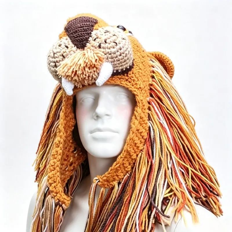 Handmade Orange Lion shaped Hat Men Custom Crochet Colorful Tassel Knitted Beanie Earflap Women Cosplay Party Halloween Caps Boy