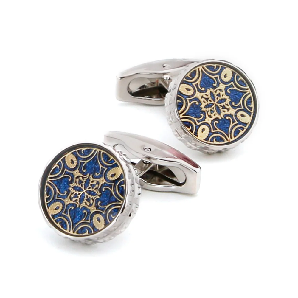 Retro Blue Gold Enamel Patterned Circular Cufflinks Men's Business Dress Shirt Cuff Buckle Vintage Cufflink Accessories