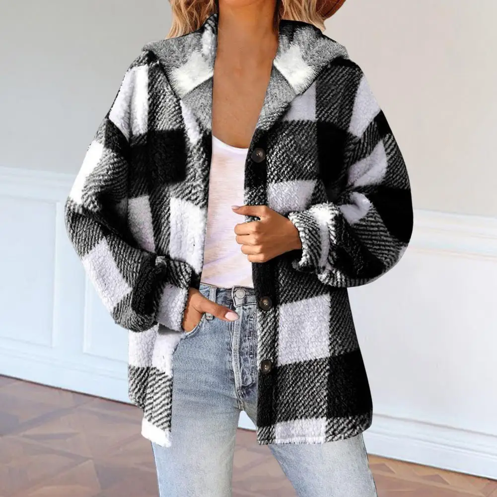 Winter Lady Coat Conrast Color Plush Lined Flannel Long Sleeves Outerwear Plaid Print Single-breasted Loose Jacket For Daily