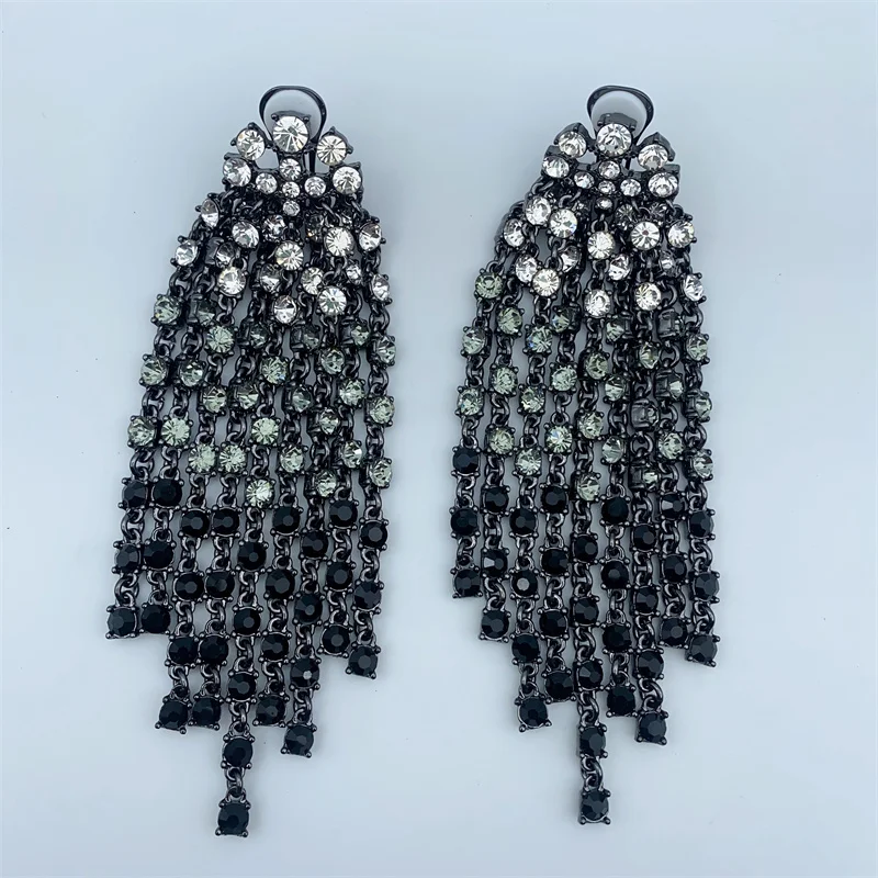 Oscar European and American Fashion Retro Literary and Elegant Inlaid Shiny Crystal Color Matching Tassel Exaggerated Earrings