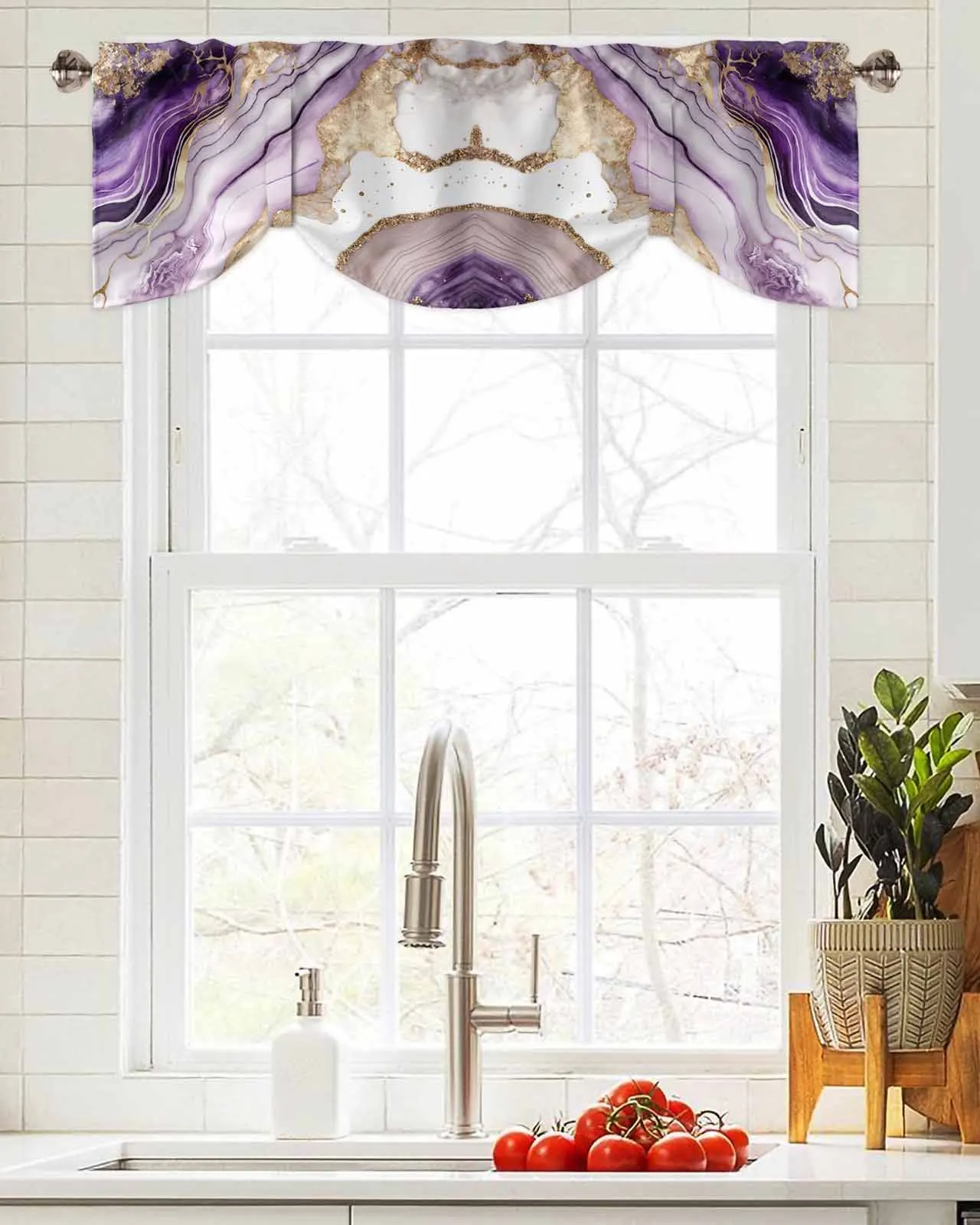 

Abstract Modern Marble Texture Short Window Curtain Adjustable Tie Up Valance for Living Room Kitchen Window Drapes