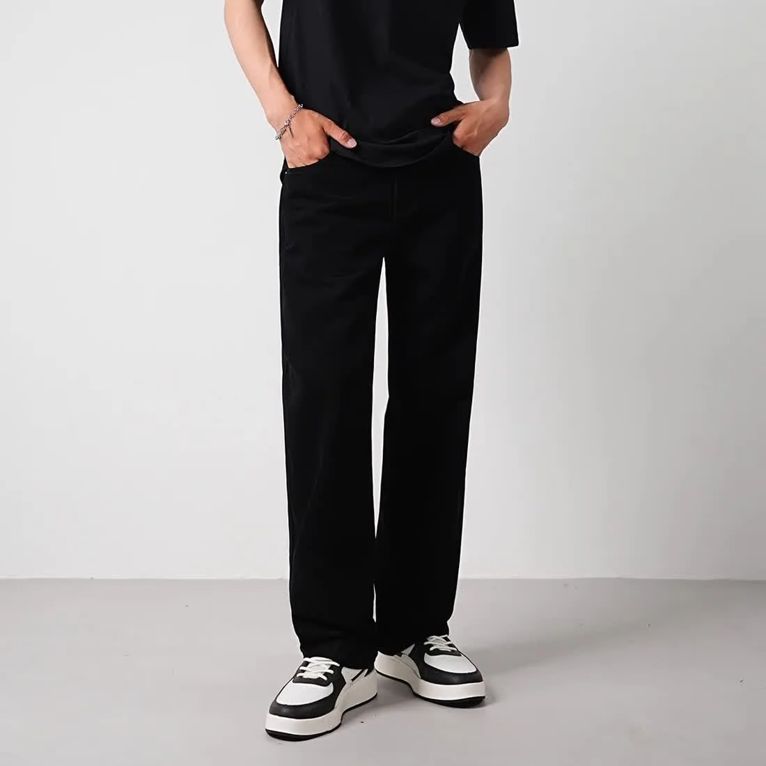 

Черные потертые прямые джинсы, мужские модные брендовые весенне-летние свободные утягивающие универсальные повседневные длинные брюки