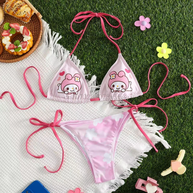 Sanrio Hello Kitty Set Bikini lucu kartun Y2k Anime musim panas pantai bertali celana dalam seksi pakaian renang wanita pakaian renang Kuromi baju renang