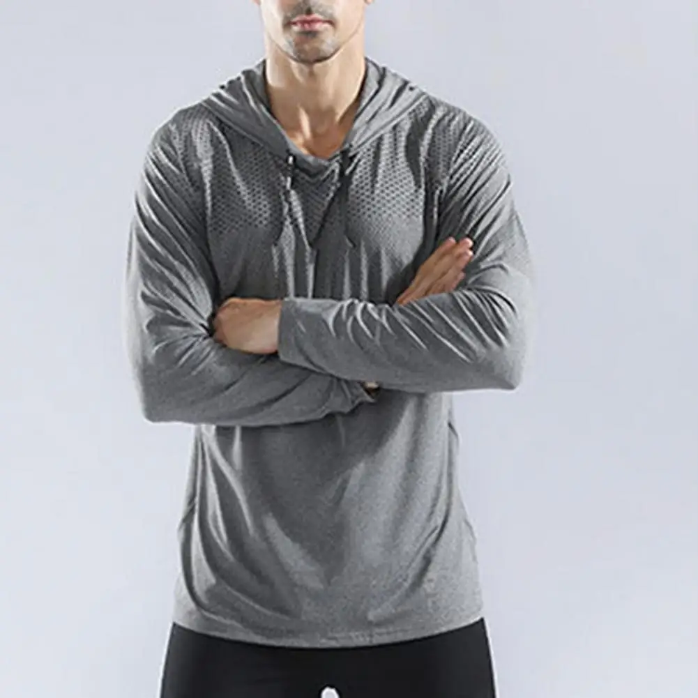 Men Sport T-shirt Men's Solid Color Hooded Long Sleeve Sweatshirt for Gym Workouts Outdoor Training Featuring Breathable Holes