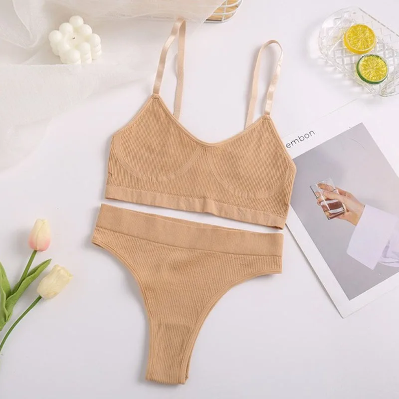 Sexy Casual Fashion Solid Color Backless Design Bra Underwear Two-piece Europe America Vintage Everyday Women's Underwear Set