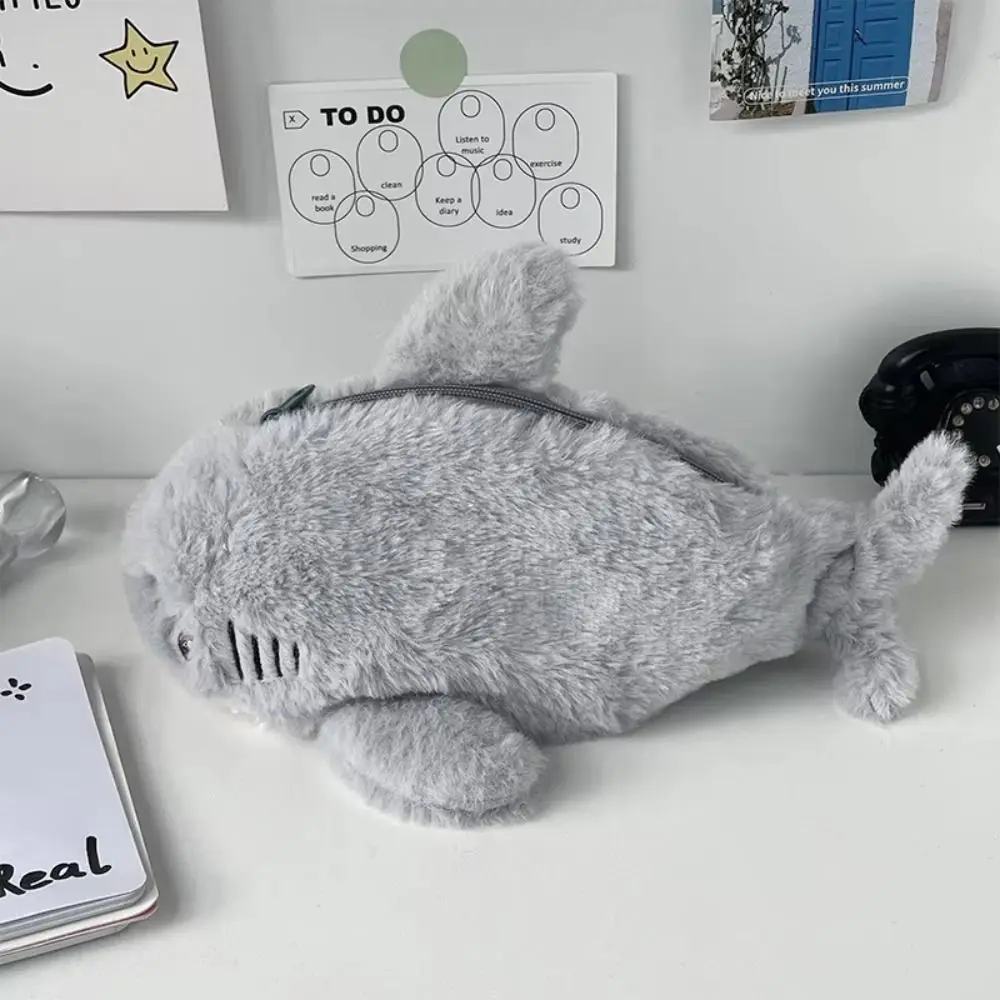 Cute Plush Ocean Shark Pencil Case Portable Cosmetic Bag Large Capacity Pen Pouch Stationery Storage Box School Office Supplies