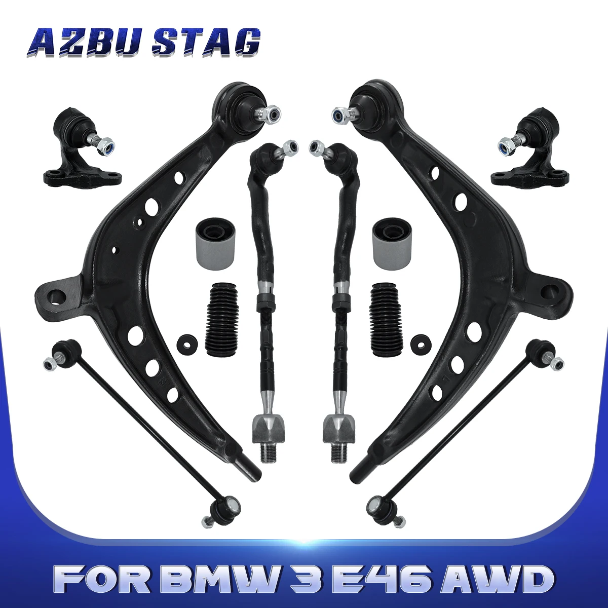 AzbuStag 12Pcs Front Lower Control Arm  Tie Rod Boot Sway Bar Link  for BMW 3 E46 325xi 330xi AWD 2001 2002 2003 2004 2005