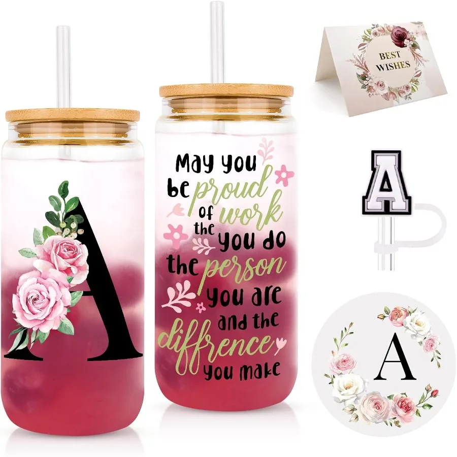 

Initial Glass Cups with Lids and Straws Persolized Gts for Women Iced Coffee Cup Glass Tumbler Birthday Bridesmaid Psal Inspira